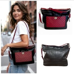 COACH Park Bag Quilted Leather & suede Hobo Tote Shoulder Maroon black